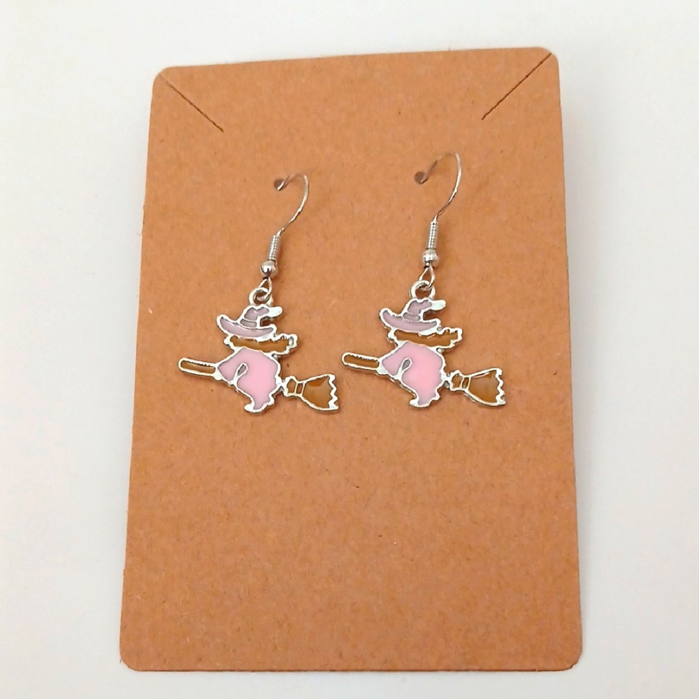 Fashion Jewelry Pink and Silver Witch Earrings